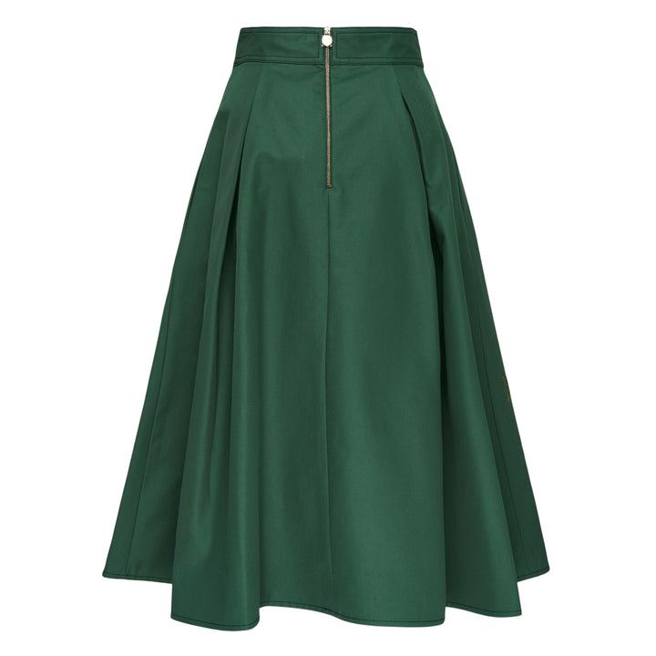 Carolina Herrera dark green A-line midi skirt with vibrant multicolour floral embroidery along the hem, featuring red, pink, and purple blooms with green leafy stems on both front panels
