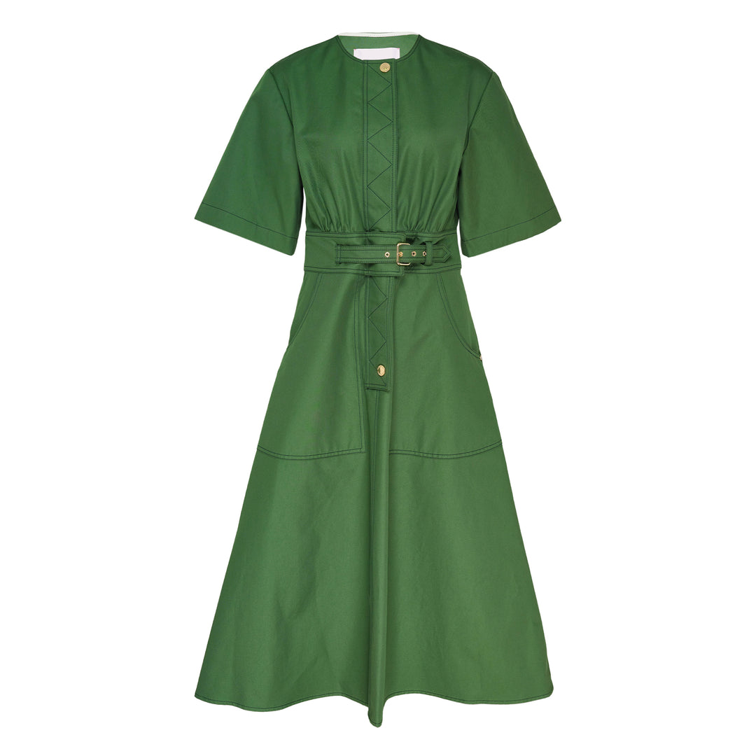Carolina Herrera forest green short sleeve crew neck A-line midi dress with self-fabric belt, gold-tone buckle, geometric topstitch detail on the bodice, and patch pockets on the flared skirt