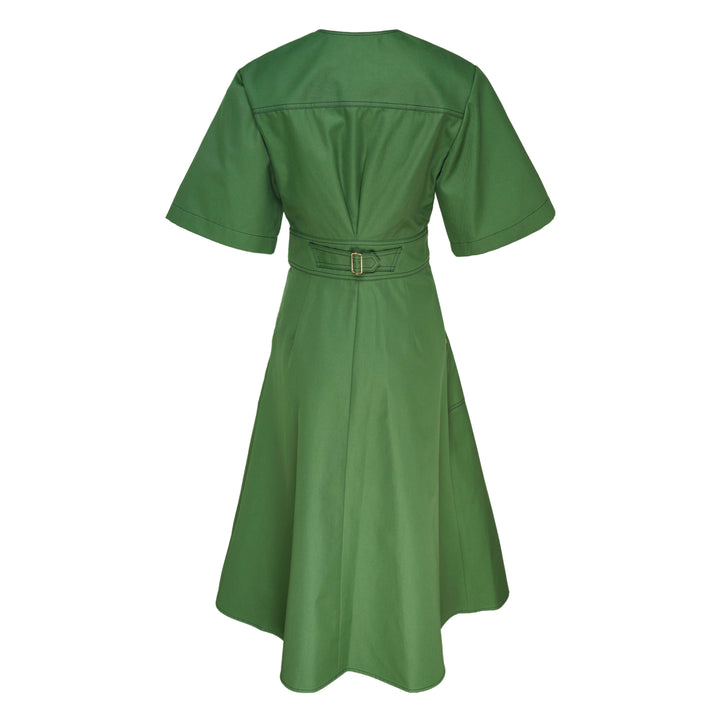 Carolina Herrera forest green short sleeve crew neck A-line midi dress with self-fabric belt, gold-tone buckle, geometric topstitch detail on the bodice, and patch pockets on the flared skirt