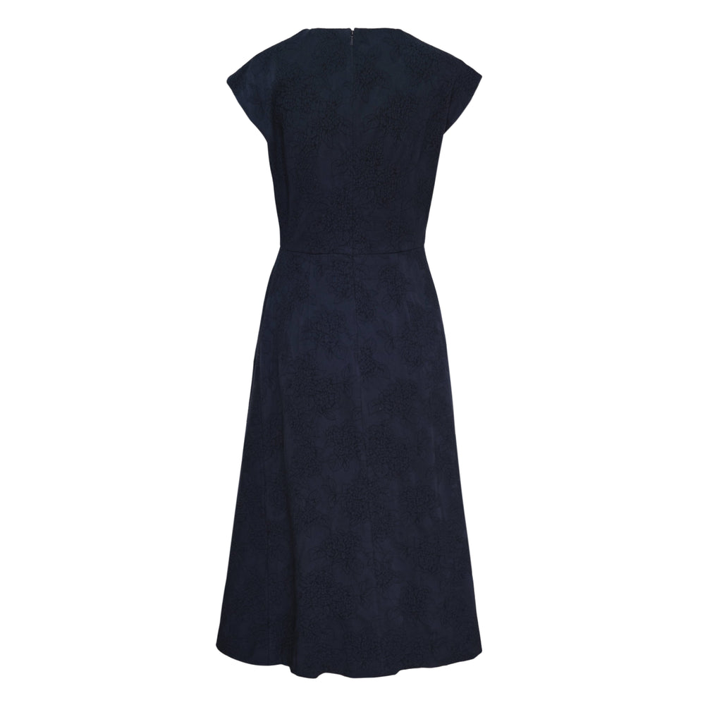 Erdem navy floral jacquard draped midi dress with cap sleeves, gathered waist, and white floral embroidery on the skirt