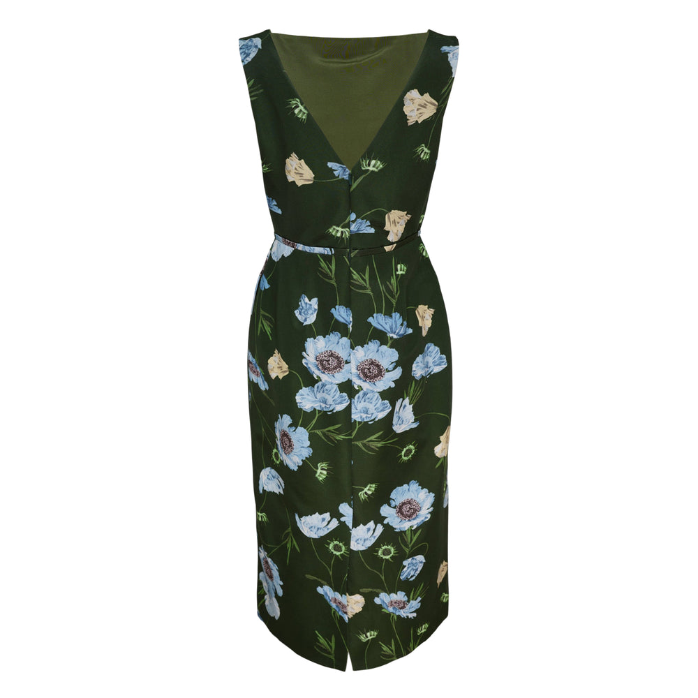 Erdem sleeveless midi dress in dark green cotton faille with an all-over blue and cream poppy floral print and a self-tie waist belt