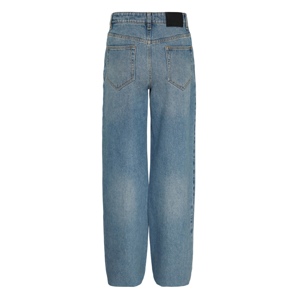 Erdem mid-blue washed straight-leg jeans with tonal white floral embroidered appliqué on one leg, high-rise waist and five-pocket styling, flat lay on white background