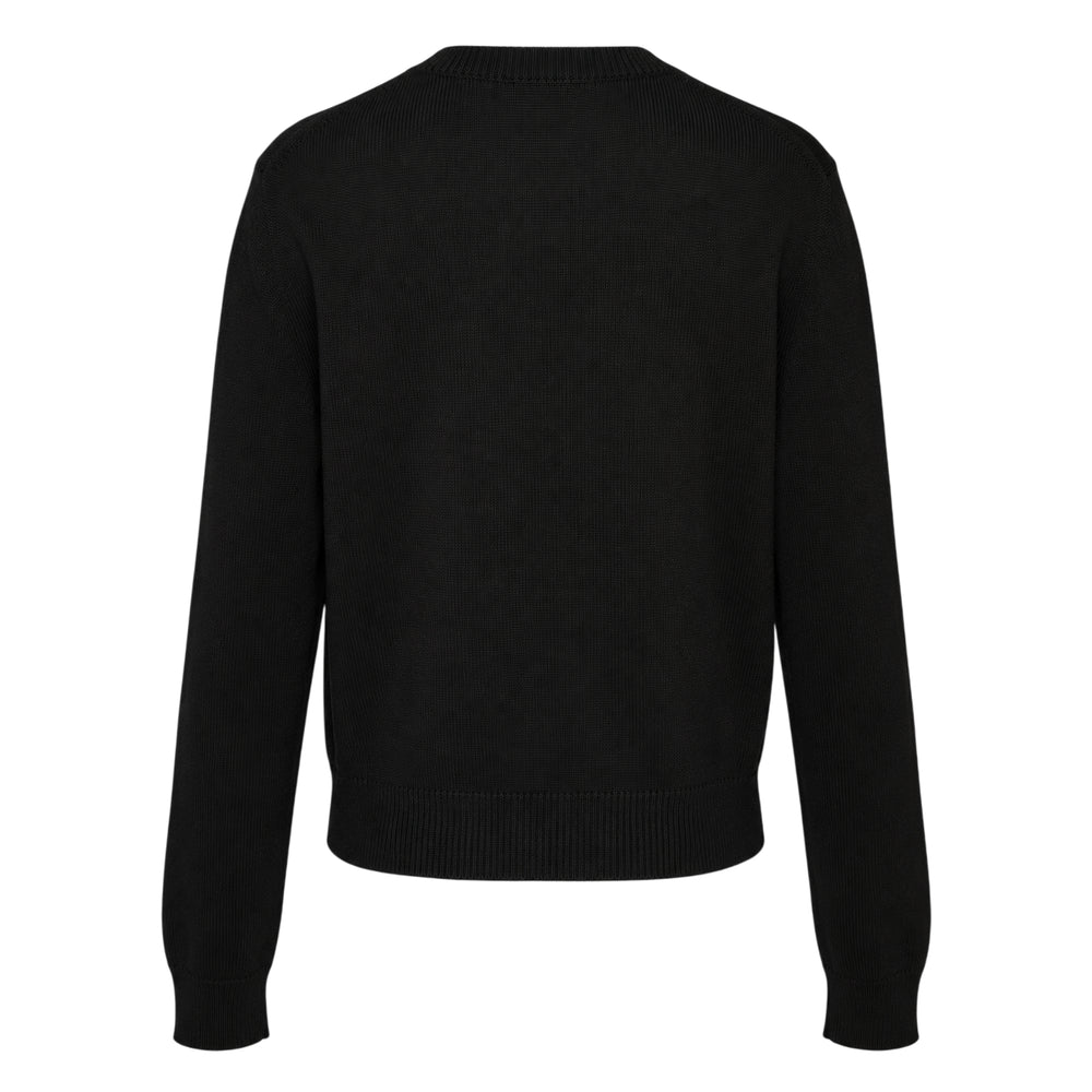 Erdem black merino wool cardigan with a beaded ruffled floral appliqué on the chest, button-front fastening, and ribbed trim at neckline, cuffs, and hem