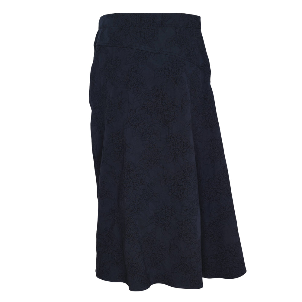 Erdem navy floral jacquard midi skirt with ivory embroidered flower and stem detail on an A-line silhouette with a wide waistband