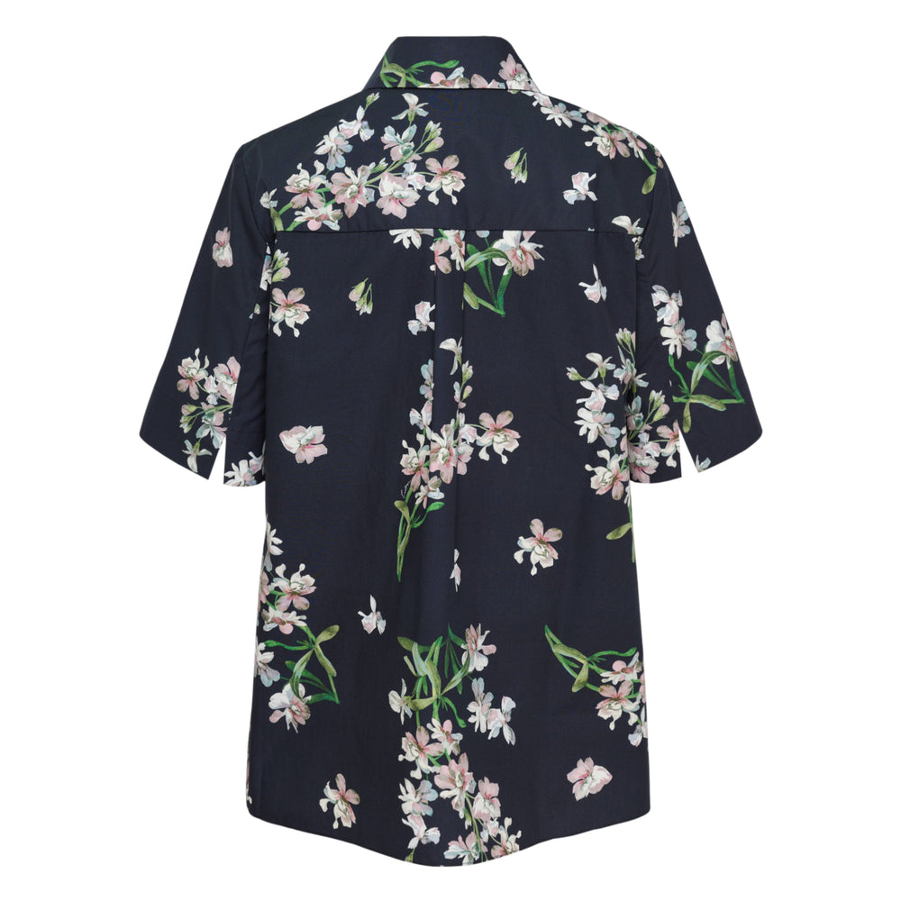 Erdem navy cotton short sleeve shirt with pink and white botanical orchid floral print, point collar, concealed button placket, and wide elbow-length sleeves