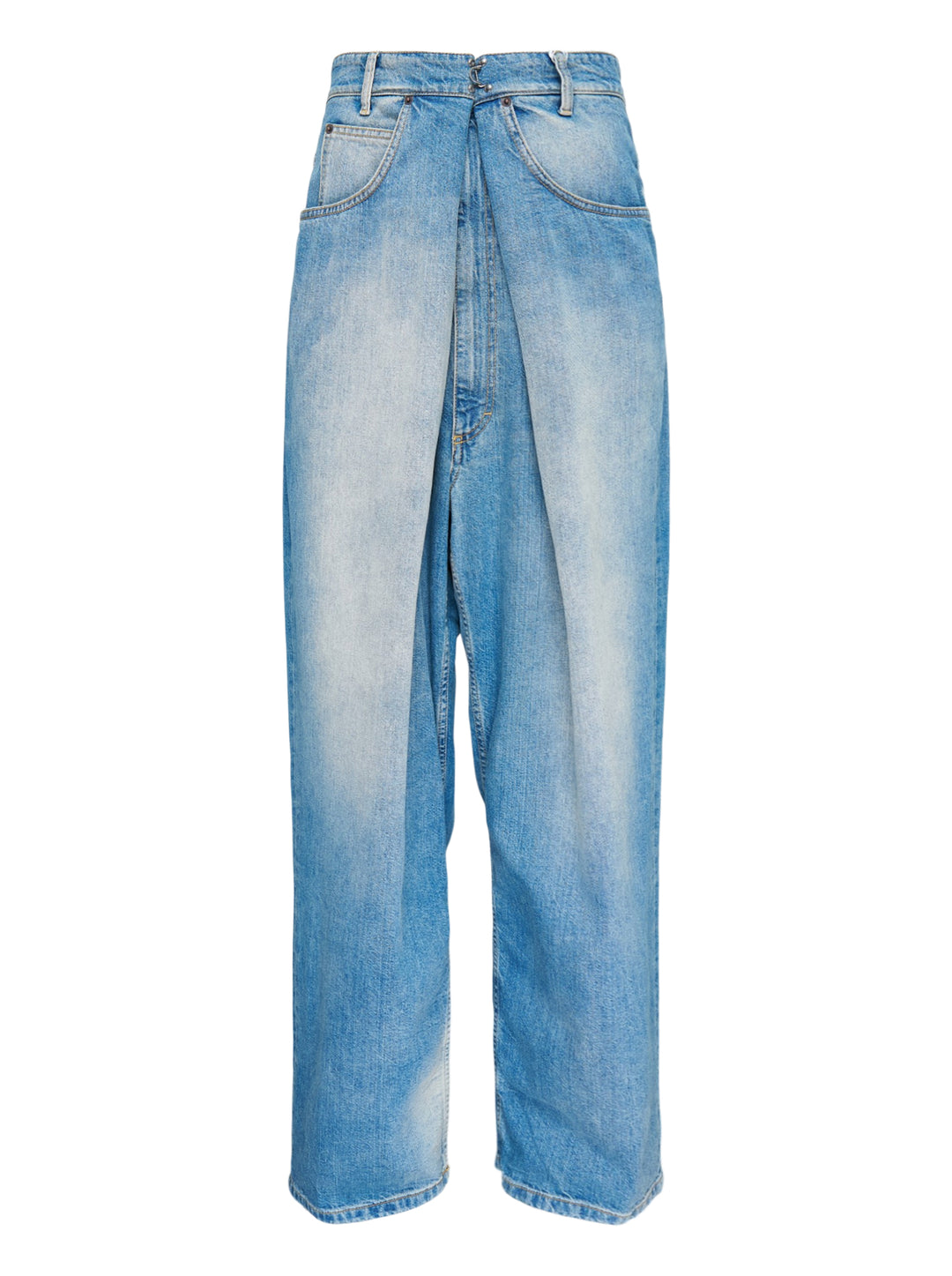 Maison Margiela light blue faded wide-leg jeans with pleated front panel and hook closure, front view