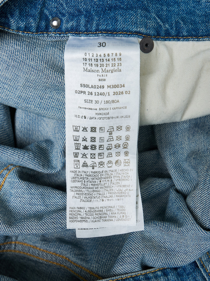 Maison Margiela light blue faded wide-leg jeans with pleated front panel and hook closure, front view - view 3