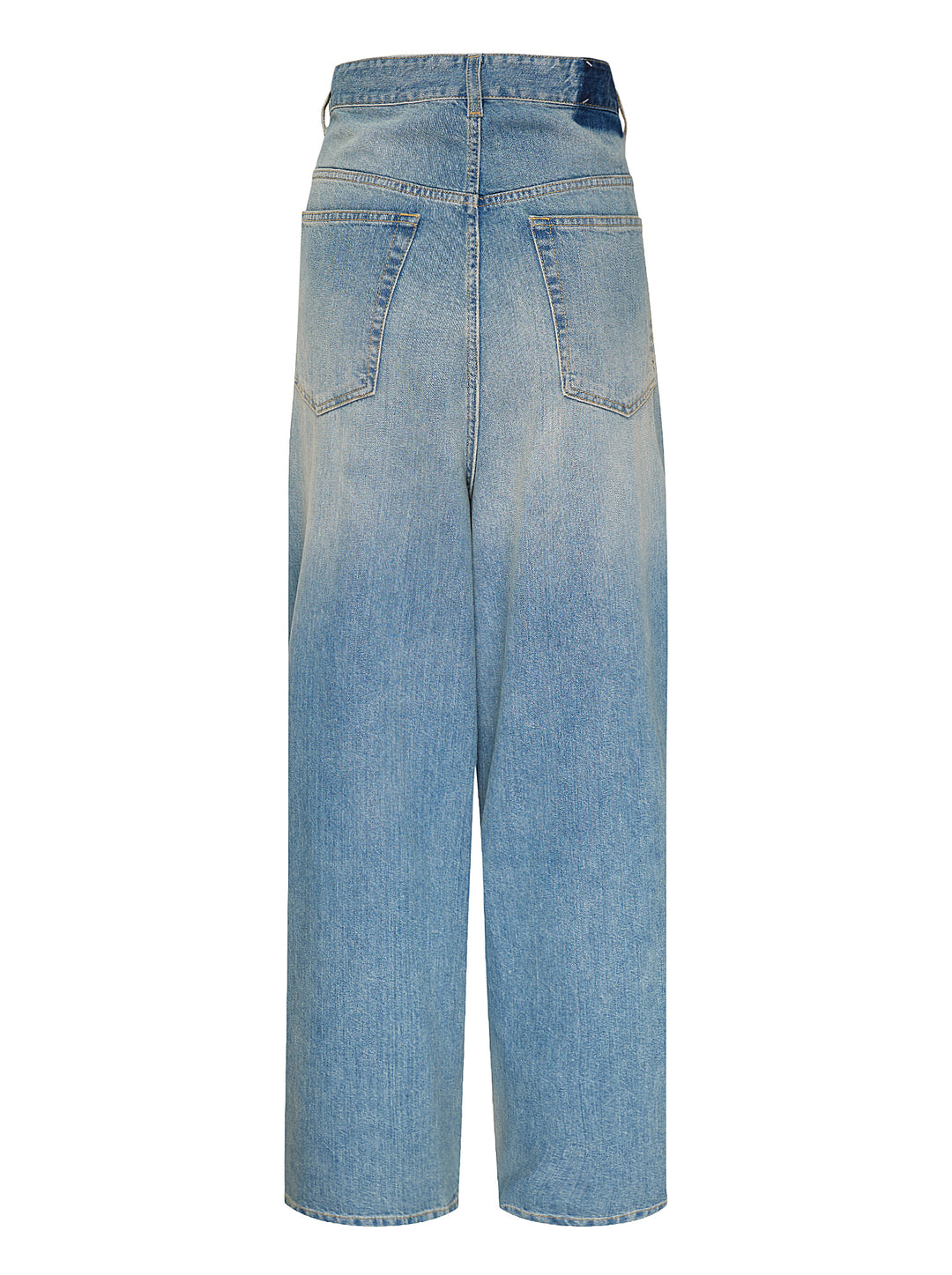 Maison Margiela wrap denim trousers in faded light-blue wash with asymmetric crossover waistband and wide straight leg - view 2