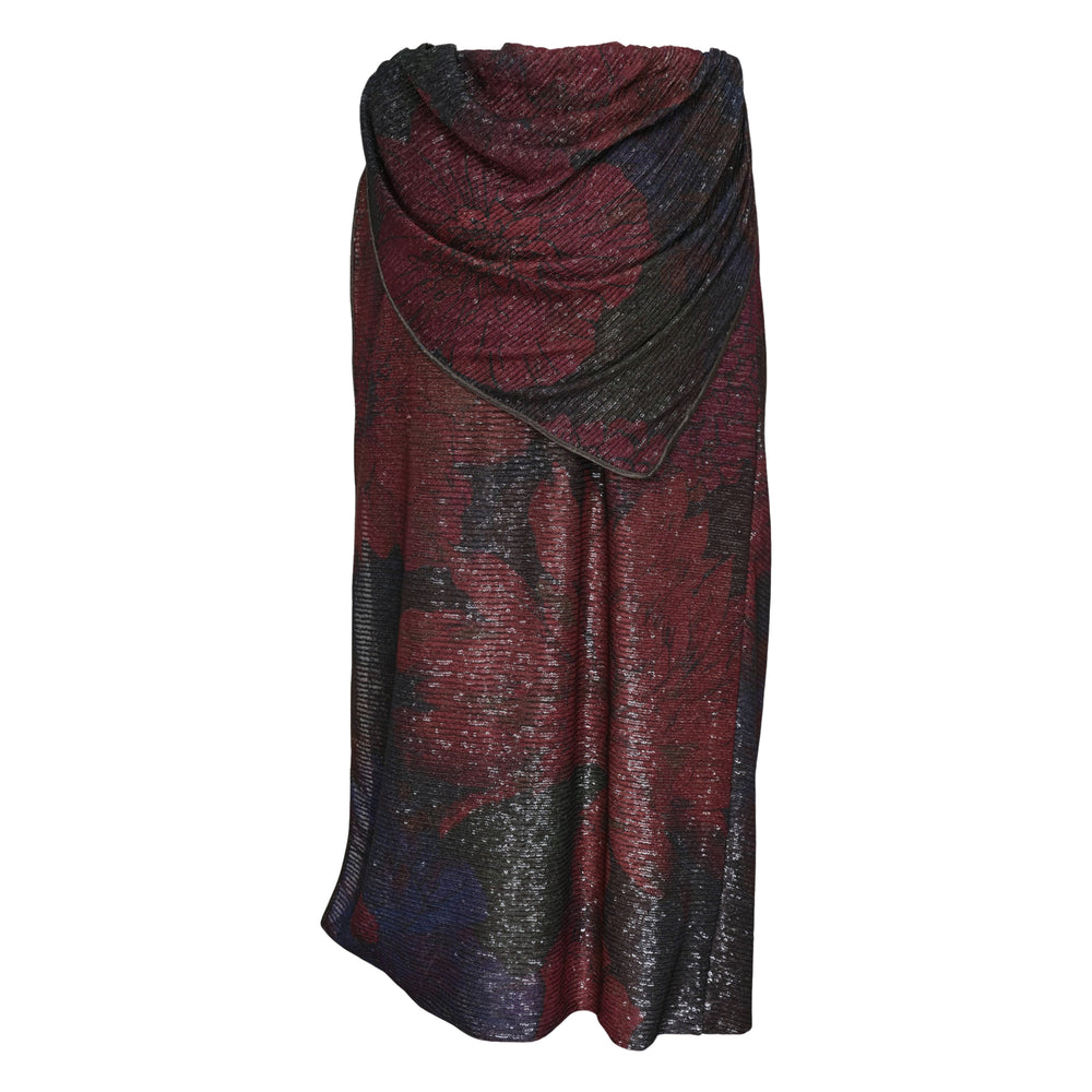 Maison Margiela sequins draped maxi skirt in abstract burgundy, charcoal, and indigo print with silver sequin draped fold detail and side sequin trim