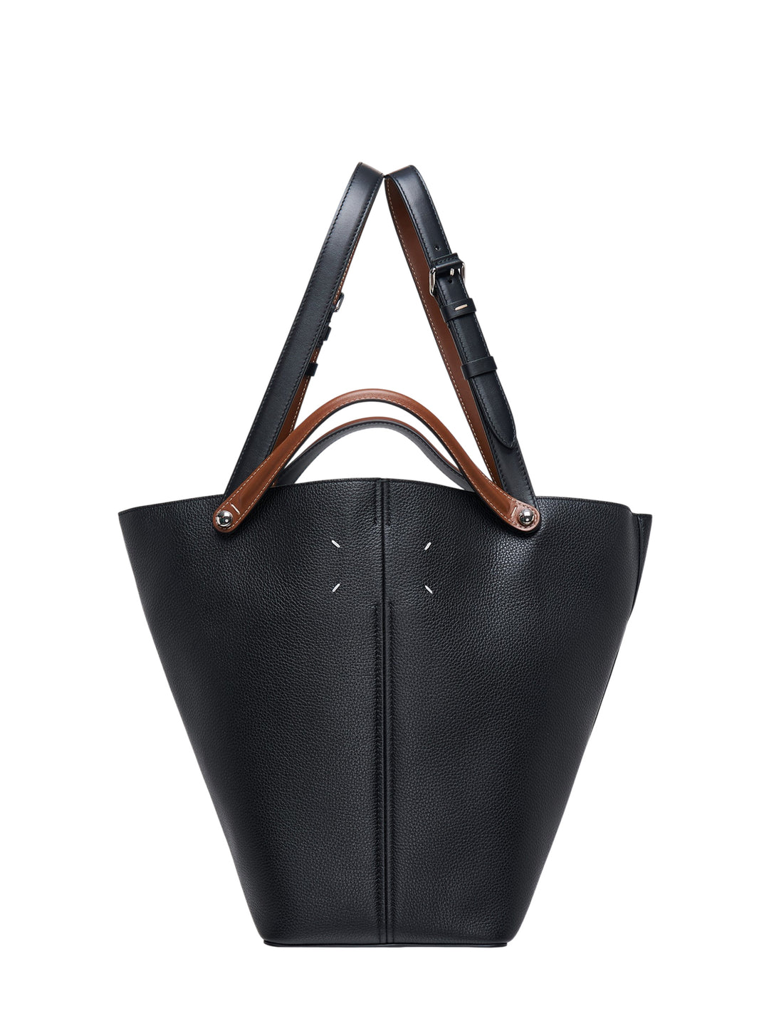 Maison Margiela Dress-Age medium tote in black grained leather with tan handles, adjustable shoulder strap and white four-stitch detail
