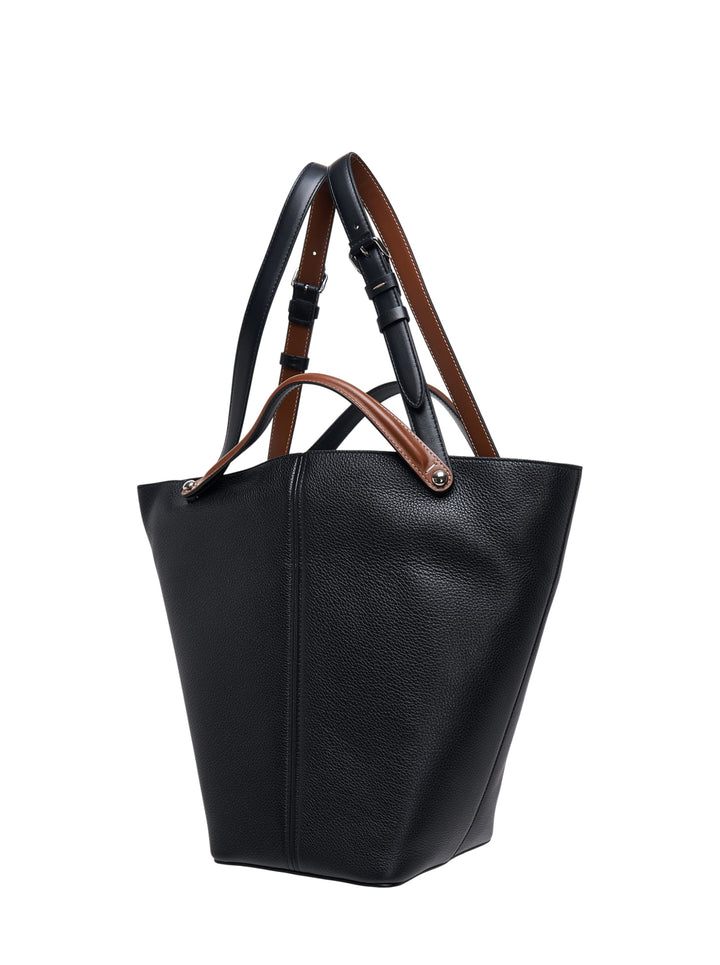 Maison Margiela Dress-Age medium tote in black grained leather with tan handles, adjustable shoulder strap and white four-stitch detail - view 2