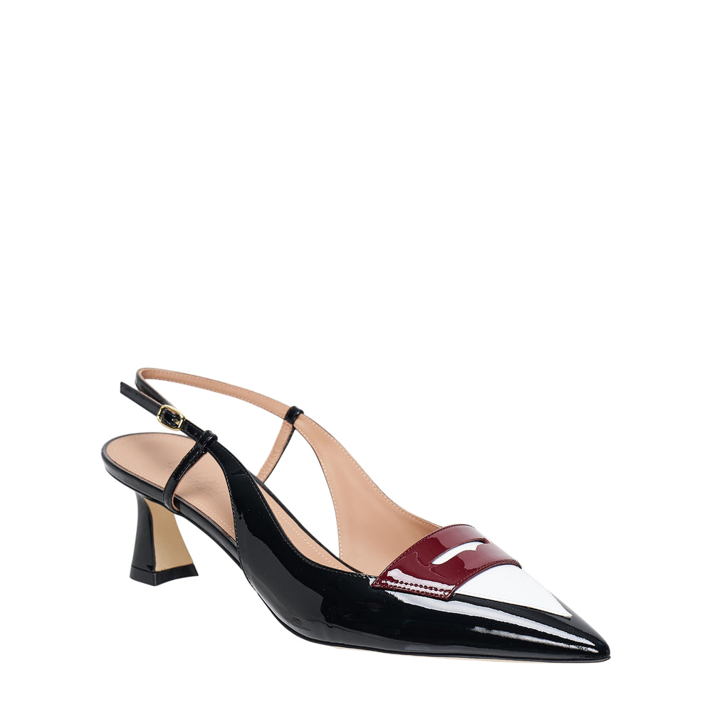 Malone Souliers Suze 45 black patent leather slingback heel with burgundy patent buckle tab detail, pointed toe, and sculptural flared kitten heel, side view