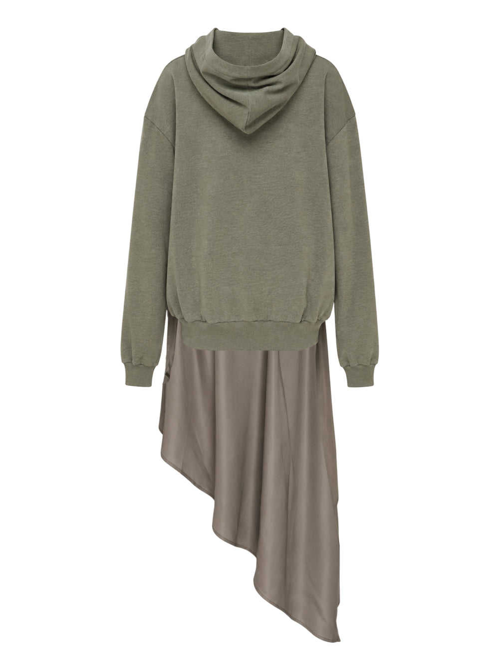 Olive green oversized hoodie layered with a taupe satin slip dress featuring black lace neckline trim and an asymmetric hem - view 2