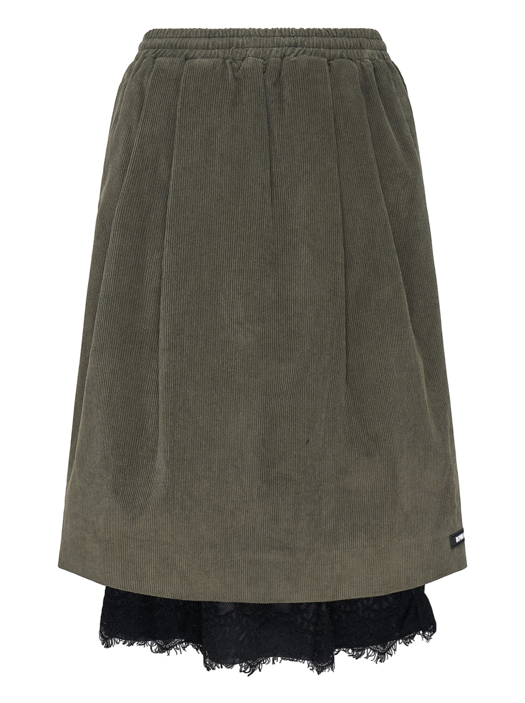 Olive green corduroy midi skirt with an elasticated waist and a black lace underskirt layer peeking out at the hem