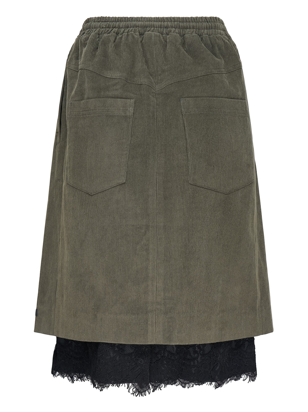 Olive green corduroy midi skirt with an elasticated waist and a black lace underskirt layer peeking out at the hem - view 2