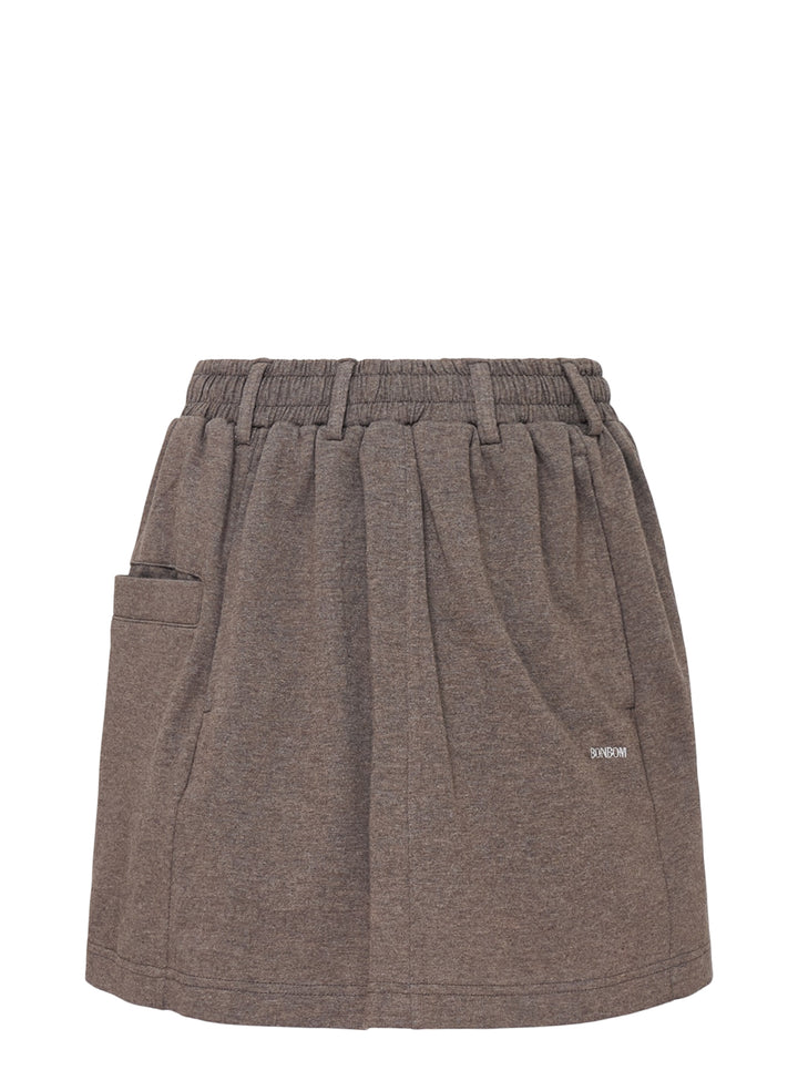 Bonbom heather brown sweat mini skirt with elasticated waist, oversized pocket and embroidered logo