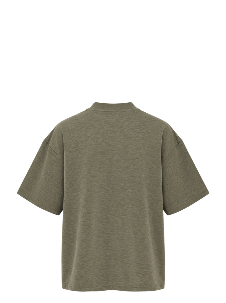 Bonbom olive green heathered oversized t-shirt with a raw-edge trapezoid logo patch at the chest, shown from the front - view 2