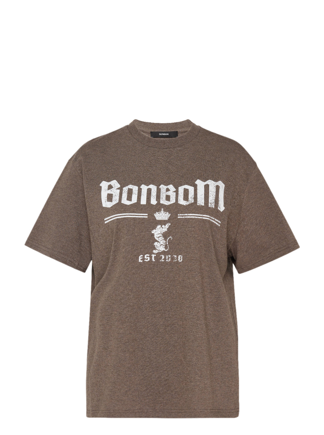 BONBOM Tiger Logo T-Shirt in heathered brown with distressed white gothic logo and crowned tiger crest print