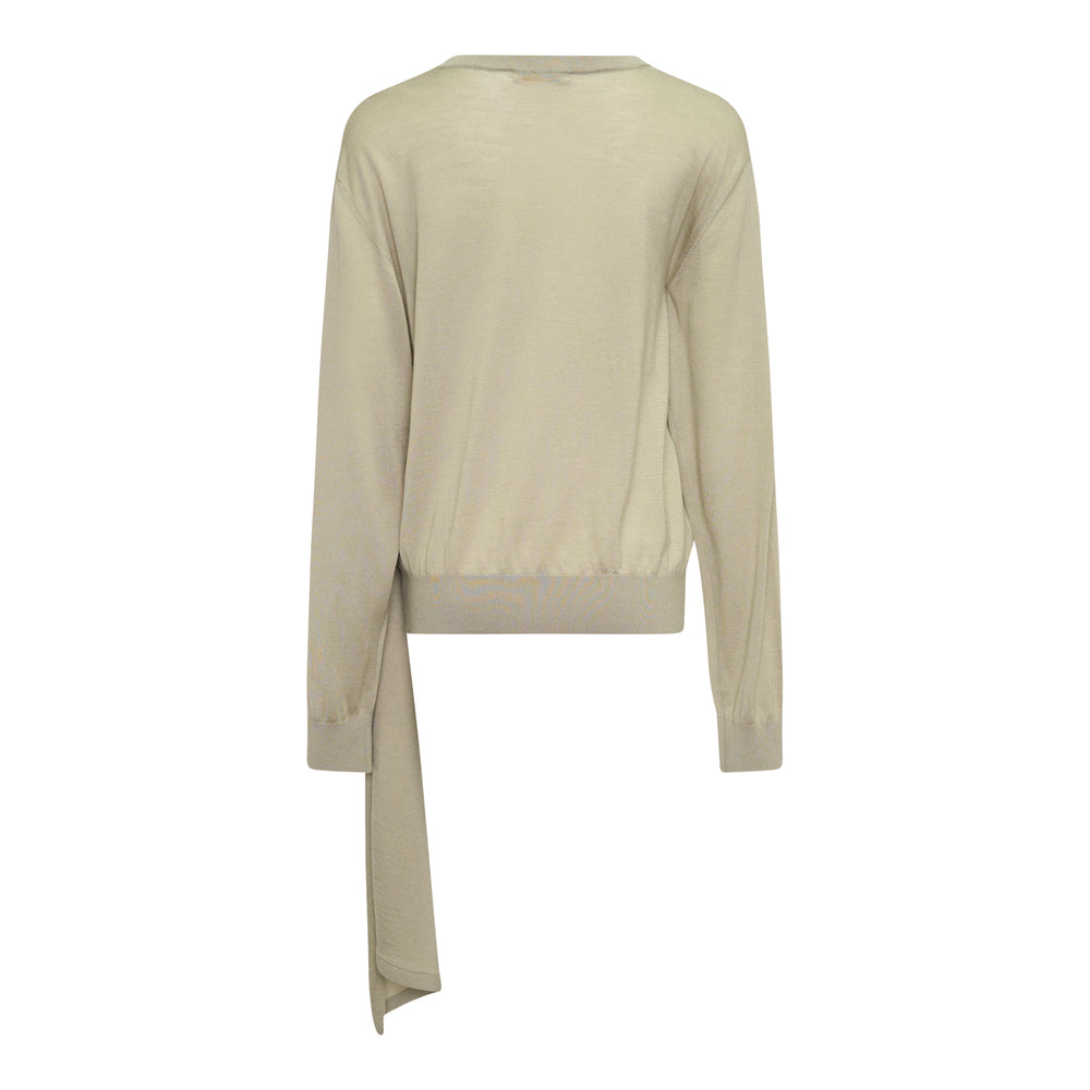Bonbom Shawl Scarf Shoulder Sweater in sage green, displayed flat — featuring an integrated cascading scarf panel, shoulder button fastening, and fine-gauge knit construction