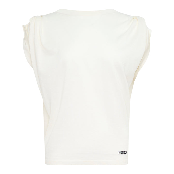 Back view of Bonbom Shoulder Tuck Sleeveless Top in off-white, showing tuck detailing at the shoulders, relaxed boxy silhouette, and woven Bonbom label at the hem