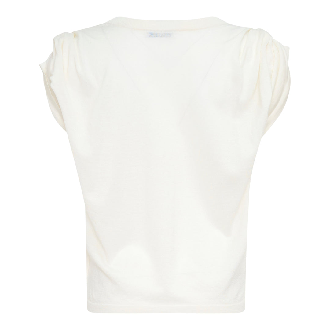 Back view of Bonbom Shoulder Tuck Sleeveless Top in off-white, showing tuck detailing at the shoulders, relaxed boxy silhouette, and woven Bonbom label at the hem