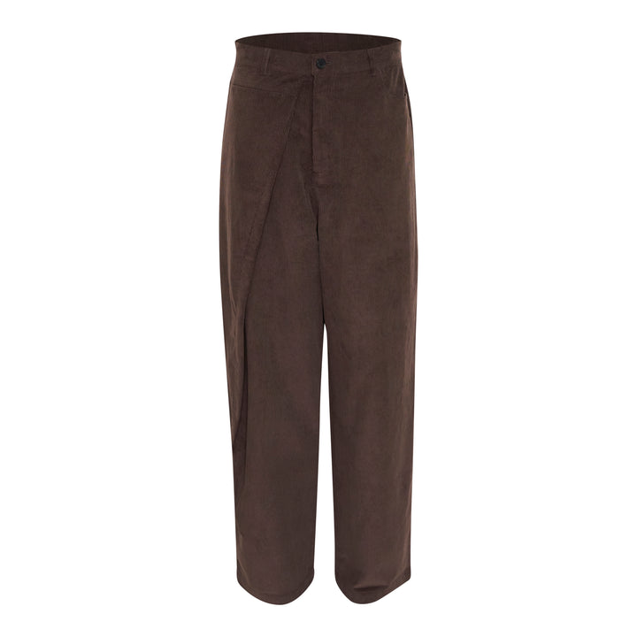 Asymmetric Tuck Baggy Corduroy Pants