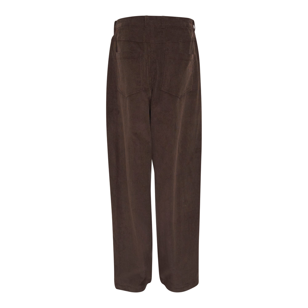 Bonbom Asymmetric Tuck Baggy Corduroy Pants in dark brown, featuring a high-rise waistband, asymmetric front tuck panel, and wide relaxed leg
