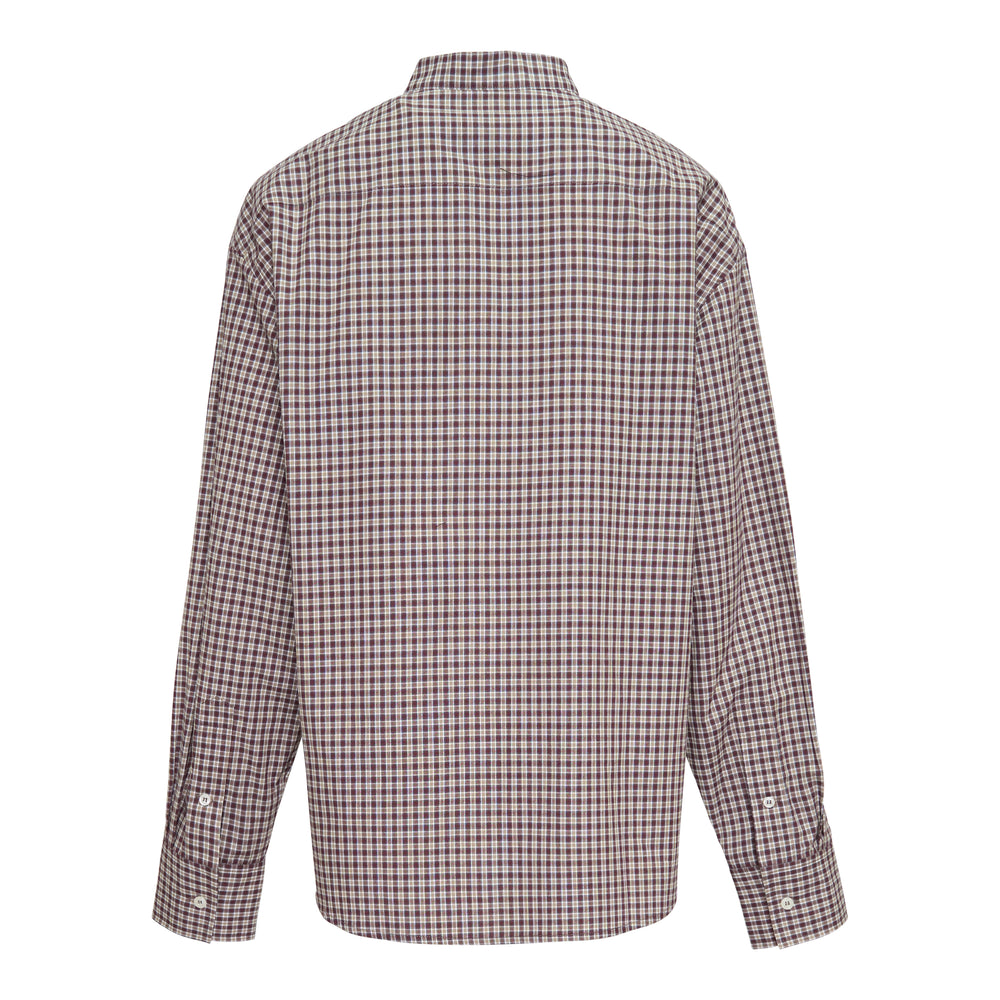 Bonbom Wingtip Collar Long Sleeve Shirt in burgundy and cream micro-check with embroidered crest detail and concealed front placket, photographed flat on a white background
