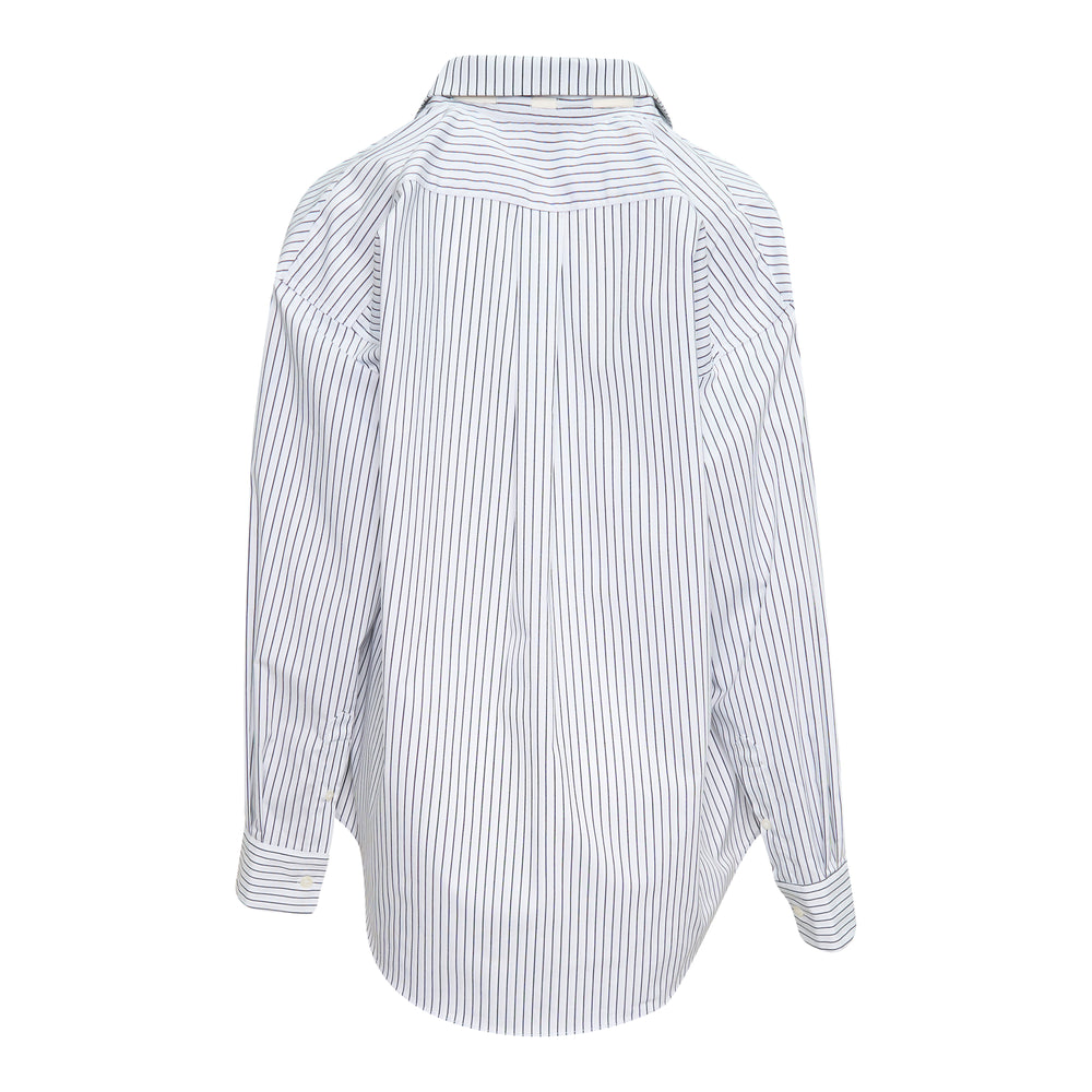 Bonbom Gathered Neck Long Sleeve Shirt in white and navy pinstripe, featuring a gathered ruffle collar with bow tie, lace-trimmed front placket, and button cuffs
