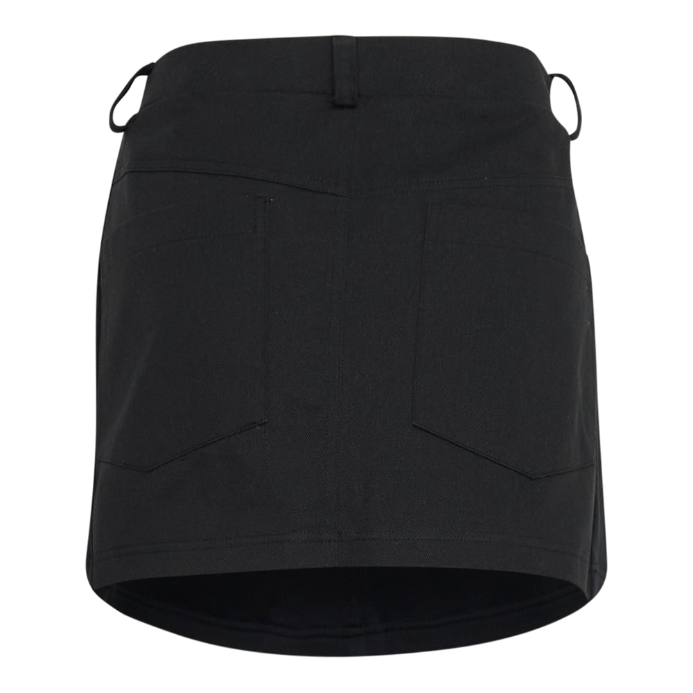 Bonbom Giant Front Volume Sweat Mini Skirt in black, featuring an A-line silhouette, elasticated waistband with belt loops, side patch pocket, and tonal Bonbom logo branding