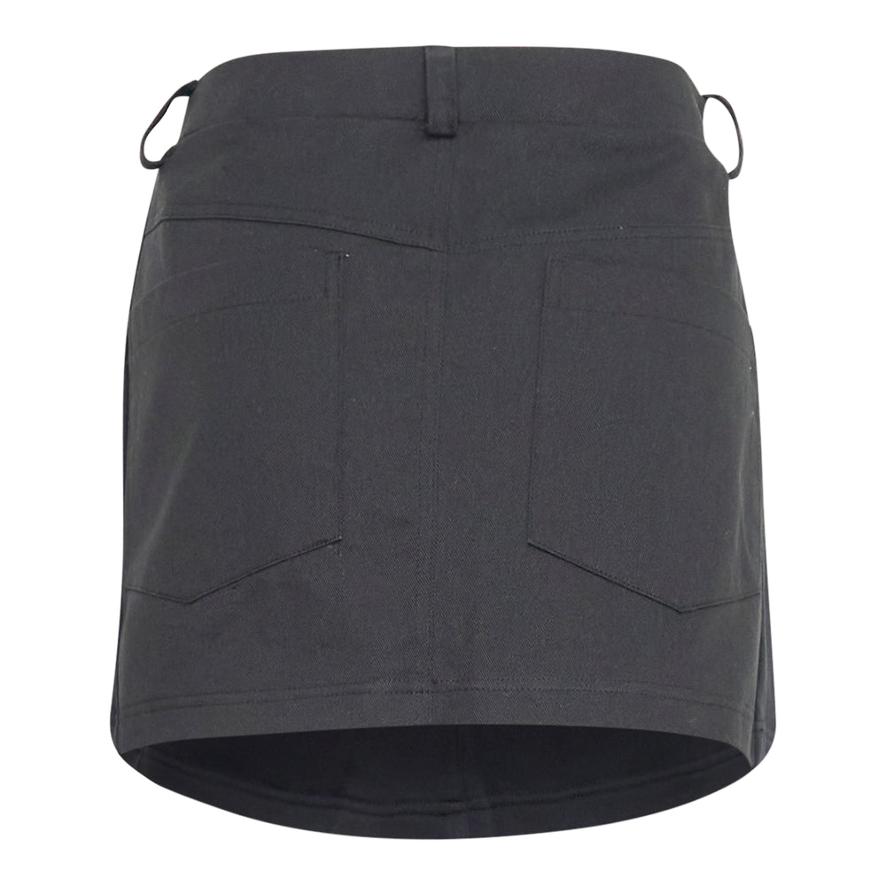 Bonbom Giant Front-Volume Mini Skirt in washed dark navy heavyweight fleece, featuring an elasticated drawstring waistband, belt loop detailing, side patch pocket, and a small woven Bonbom logo label at the lower front