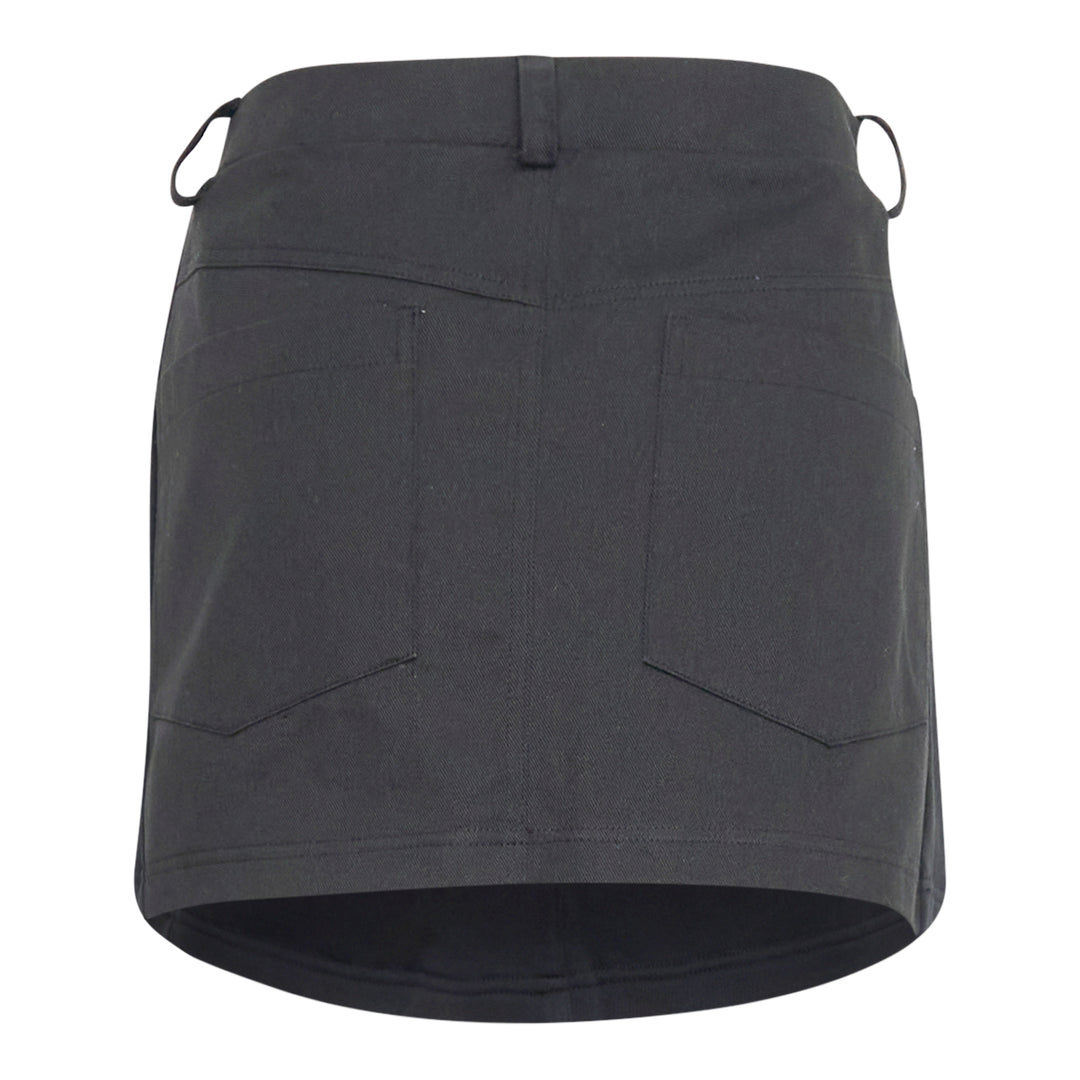 Bonbom Giant Front-Volume Mini Skirt in washed dark navy heavyweight fleece, featuring an elasticated drawstring waistband, belt loop detailing, side patch pocket, and a small woven Bonbom logo label at the lower front