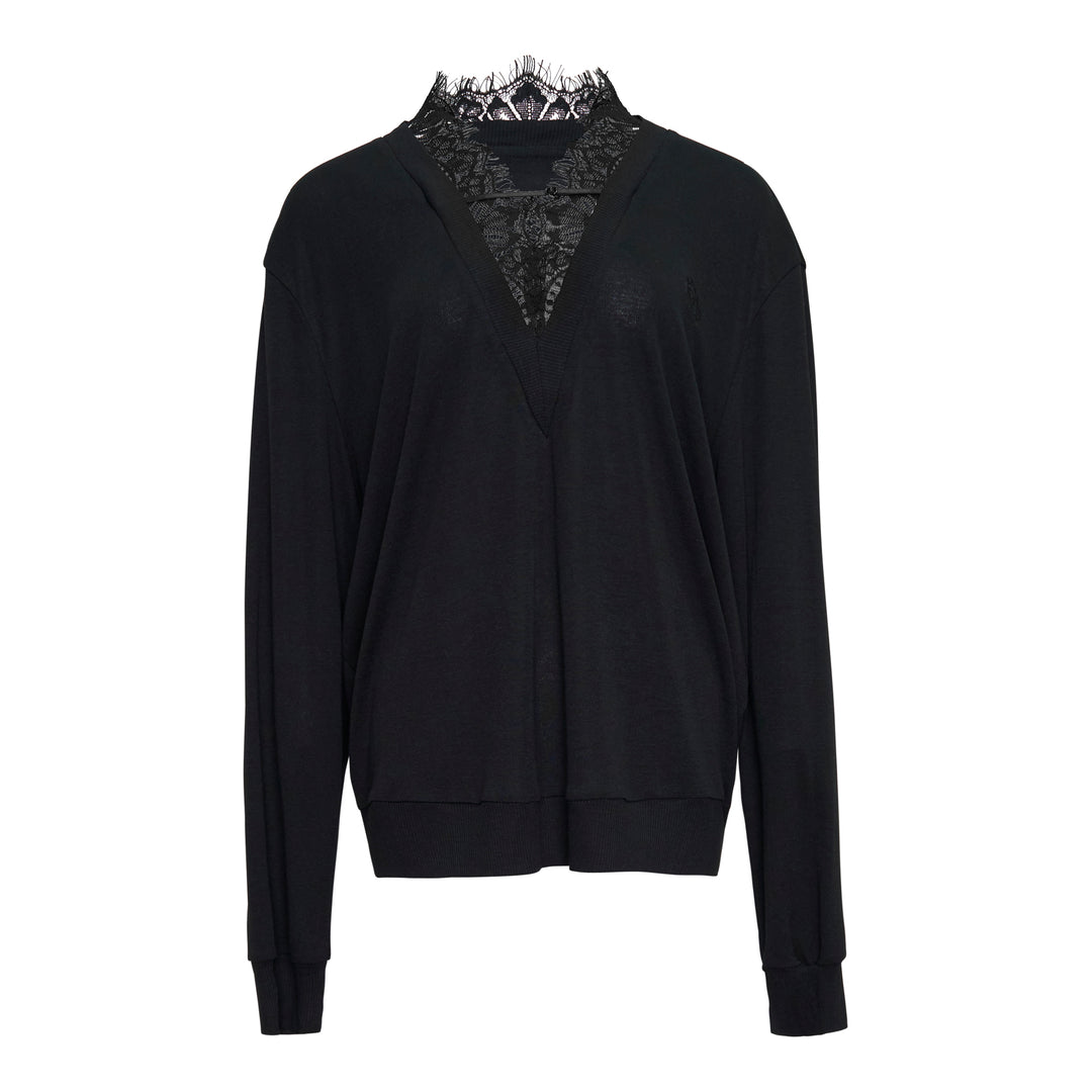 Bonbom Lingerie Neck Sweater in black, featuring a floral lace inset panel at the V-neck and a scallop-edged lace stand collar, with long sleeves and ribbed cuffs and hem