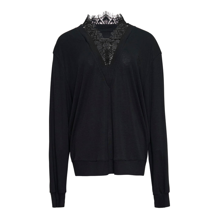 Bonbom Lingerie Neck Sweater in black, featuring a floral lace inset panel at the V-neck and a scallop-edged lace stand collar, with long sleeves and ribbed cuffs and hem