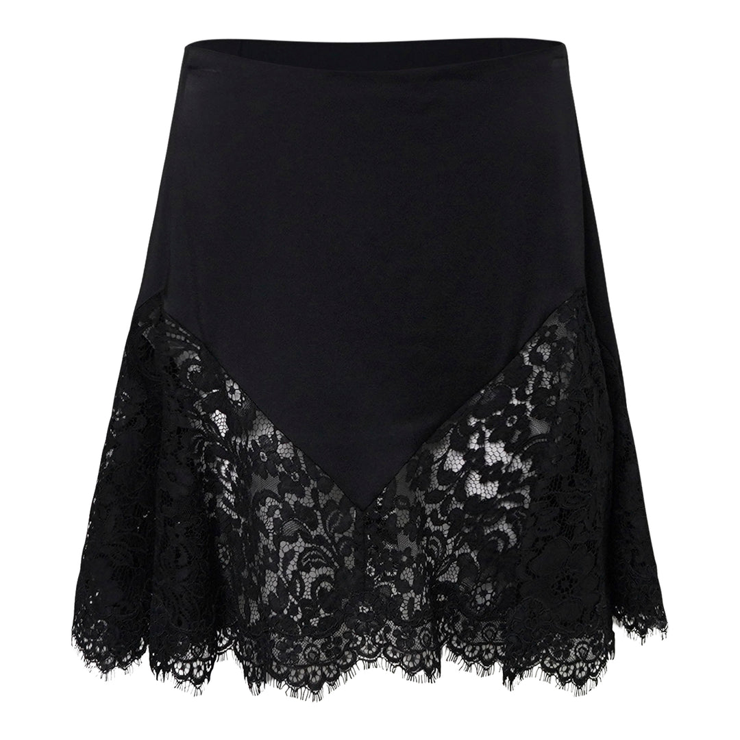 Stella McCartney black mini skirt with diagonal floral lace panel inserts and scalloped lace hem, displayed flat on a white background