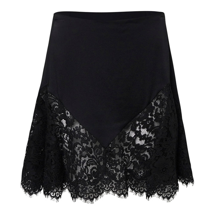 Stella McCartney black mini skirt with diagonal floral lace panel inserts and scalloped lace hem, displayed flat on a white background