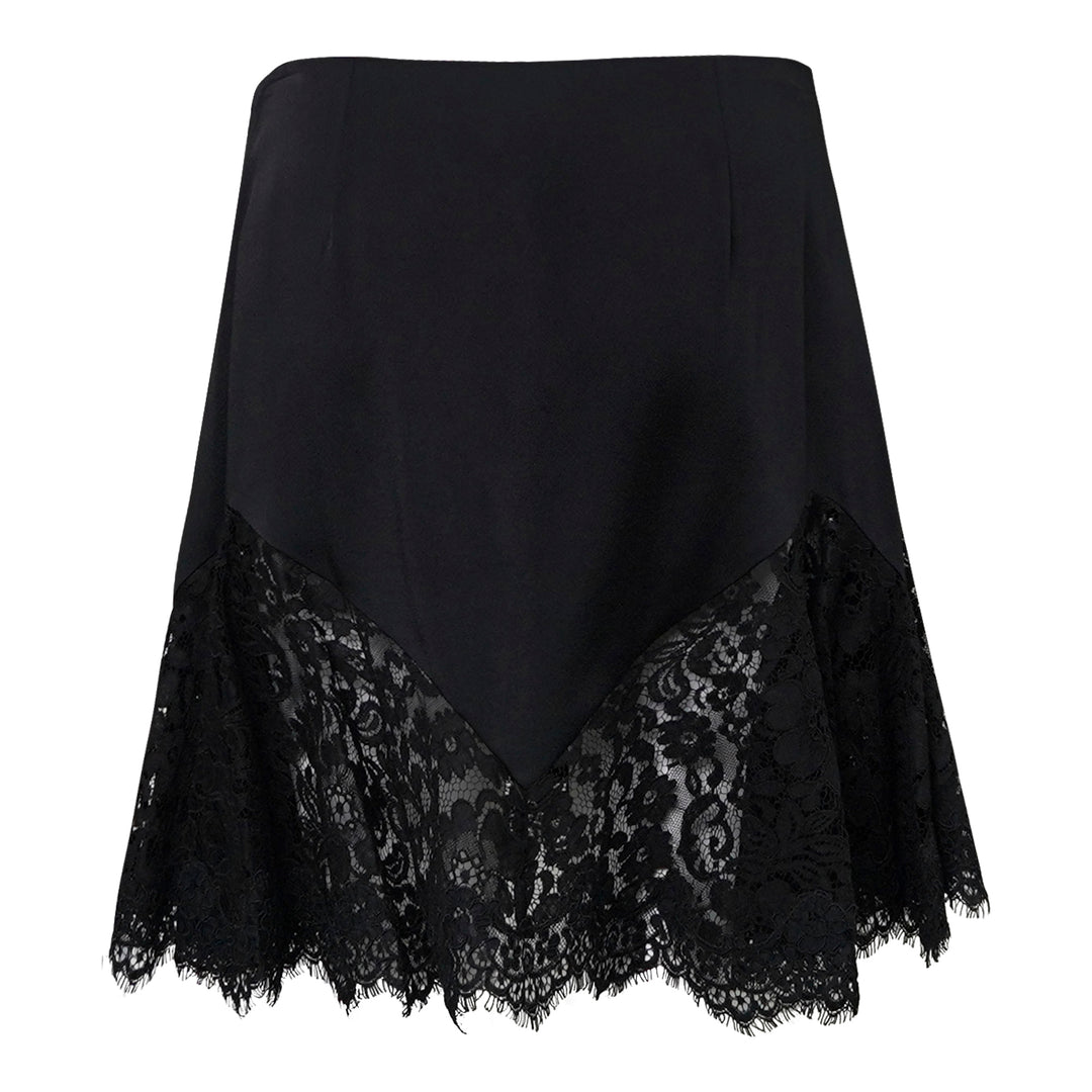 Stella McCartney black mini skirt with diagonal floral lace panel inserts and scalloped lace hem, displayed flat on a white background - view 2