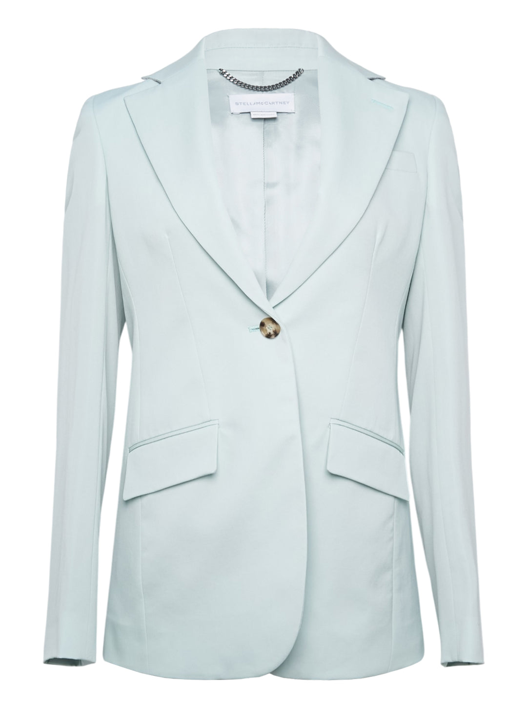 Stella McCartney Slim Flannel Blazer in pale mint with single tortoiseshell button, silver chain collar detail, and hip flap pockets — front view