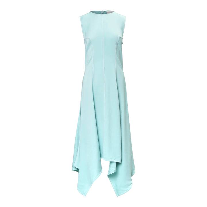 Stella McCartney sleeveless aqua mint midi dress with asymmetric handkerchief hem and centre-front seam detailing on white background