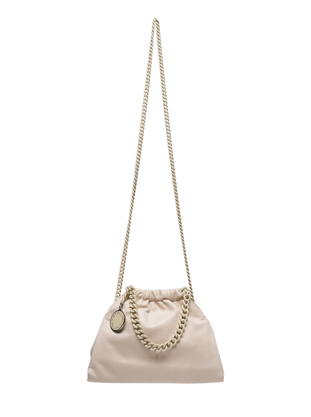 Stella McCartney Falabella Mini Drawstring Bag in cream with tonal chain crossbody strap and oval logo charm