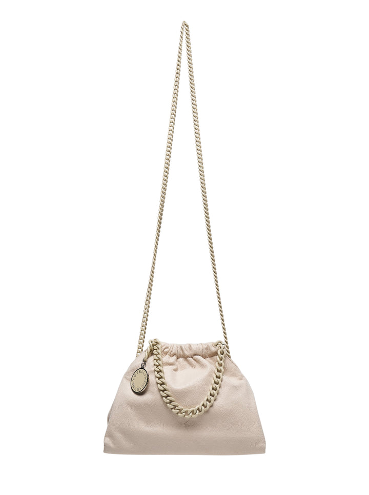 Stella McCartney Falabella Mini Drawstring Bag in cream with tonal chain crossbody strap and oval logo charm