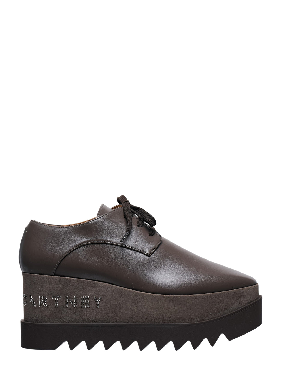 Stella McCartney Elyse dark brown eco alter mat platform lace-up shoes with crystal hotfix branding on the stacked wedge midsole and serrated rubber outsole