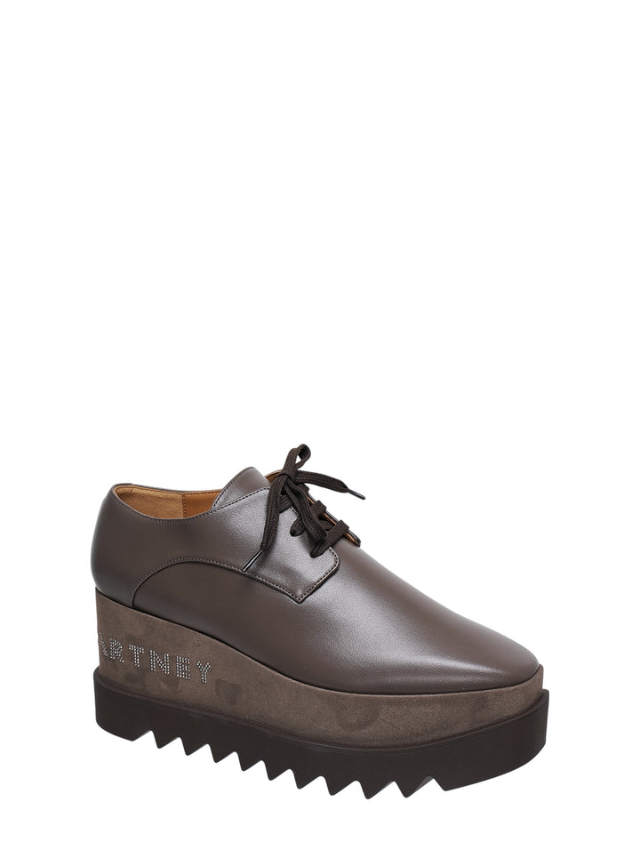 Stella McCartney Elyse dark brown eco alter mat platform lace-up shoes with crystal hotfix branding on the stacked wedge midsole and serrated rubber outsole - view 2