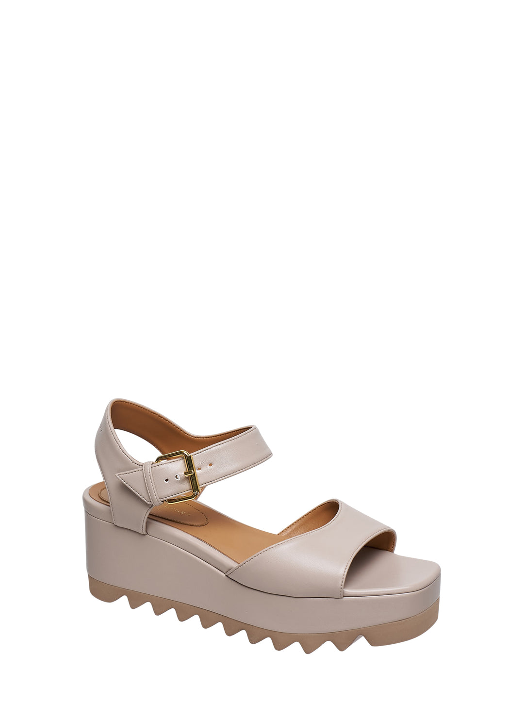Stella McCartney Elyse Alter Mat flatform sandal in taupe, featuring a wide toe strap, adjustable ankle strap with gold buckle, and signature serrated platform sole, shown in profile view - view 2