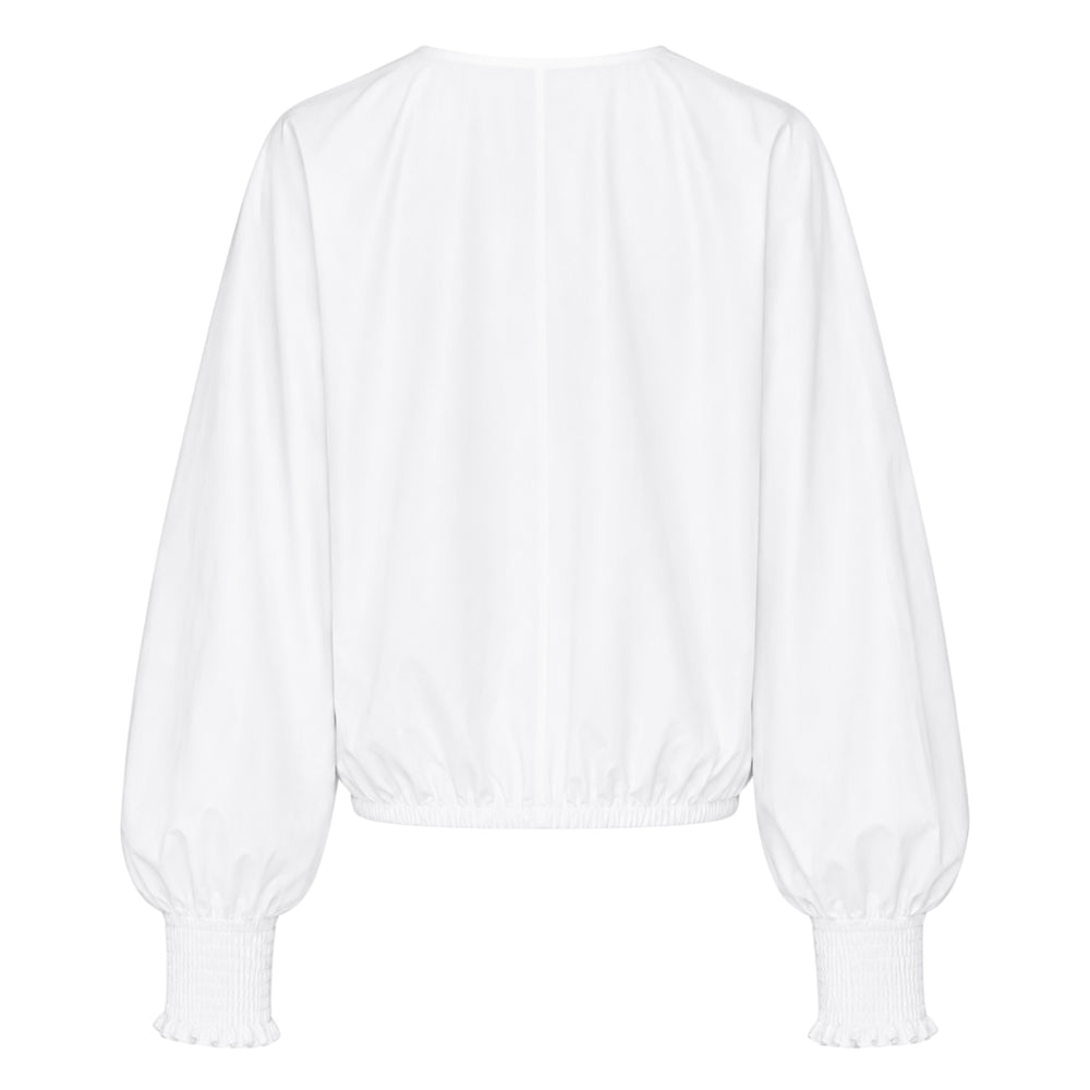 Balmain white cotton poplin batwing shirt with voluminous balloon sleeves, smocked cuffs, elasticated hem, and a column of covered buttons along the centre placket - view 2