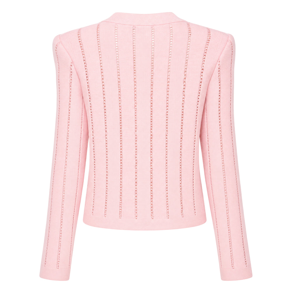 Balmain blush pink flèchage knit cardigan with vertical pointelle panels and gold embossed logo buttons along the front placket - view 2