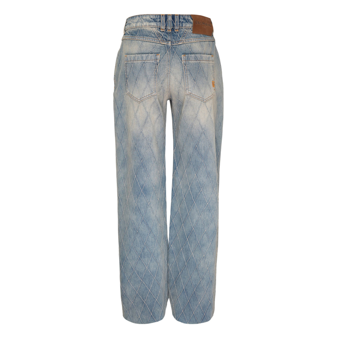Balmain Straight Quilted Denim Jeans in light blue acid wash with all-over diamond stitching, straight-leg silhouette, and gold-tone hardware - view 2