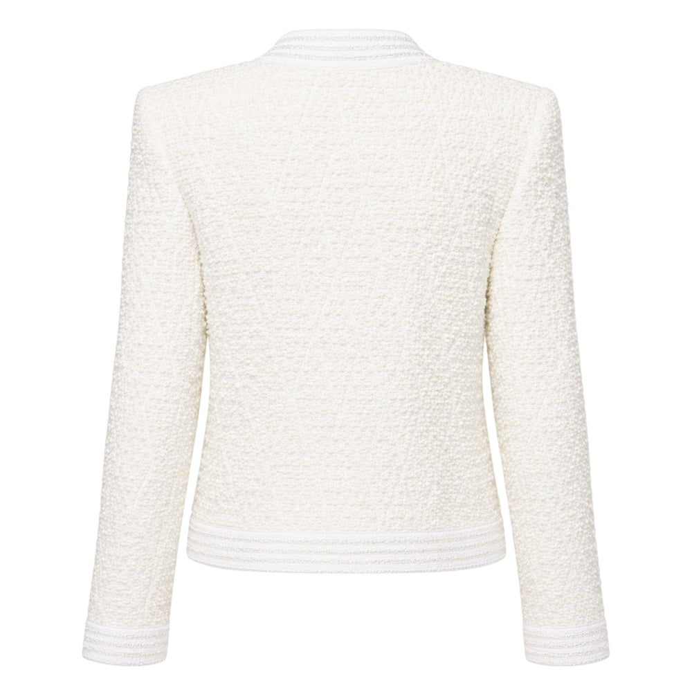Balmain ivory bouclé tweed jacket with gold-tone central zipper, four flap patch pockets with embossed gold buttons, structured shoulders, and ribbed collar and hem trim - view 2