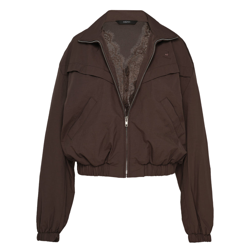 pushBUTTON Brown Hybrid Windbreaker Jacket — front view showing zip closure, yoke panel, flap pockets, and elasticated hem and cuffs
