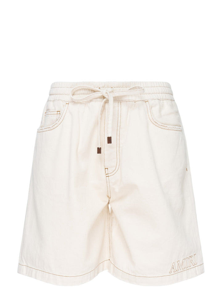 Amiri ecru drawstring denim shorts with contrast brown topstitching and embroidered logo at the hem